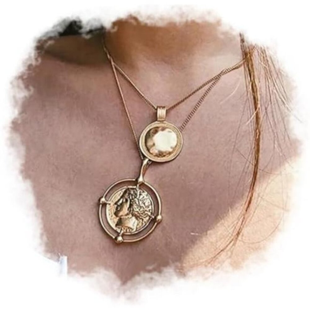 Boho Layered Necklace Gold Medallion Coin Saint Charm Jewelry Retro